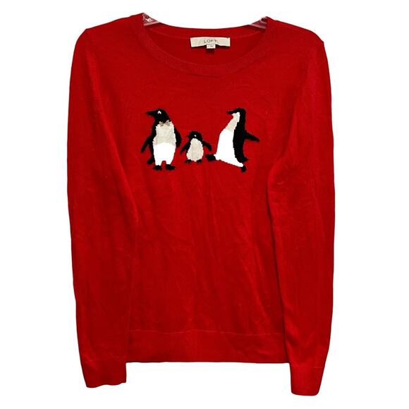 LOFT Sweaters - LOFT Womens Penguin Family Knit Sweater Large Red Holiday Winter Novelty Animal